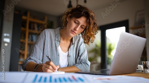 Focused Dedication: A focused woman intently working on a laptop, writing notes, in a well-lit home office, she embodies dedication.