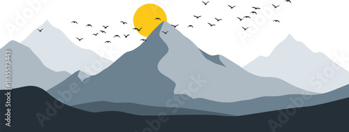 Serene mountain landscape with a rising sun and birds flying in a minimalist style isolated on white background