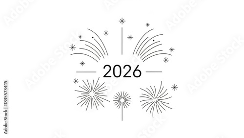 Minimalist black and white line art illustration of fireworks exploding around the year 2026 celebrating the upcoming new year with a festive and modern design