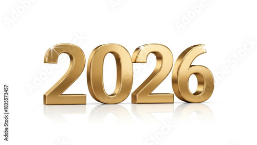 Golden 3d numbers 2026 isolated on a white background with reflection representing the upcoming new year and future