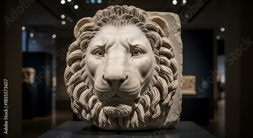Ancient white marble lion sculpture head statue at a church entrance