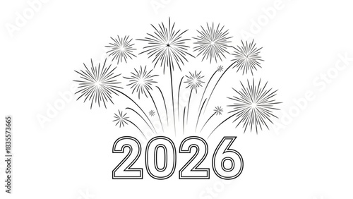Minimalist black and white outline illustration of fireworks exploding above the year 2026 symbolizing celebration and new beginnings