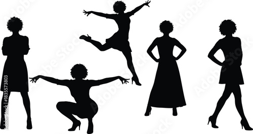 Diverse Female Silhouettes with Curly Hairstyle, Women Posing in Short and Long Dresses, Standing, Squatting, and Jumping for Fashion, Beauty, and Body Confidence Vector Design Isolated.