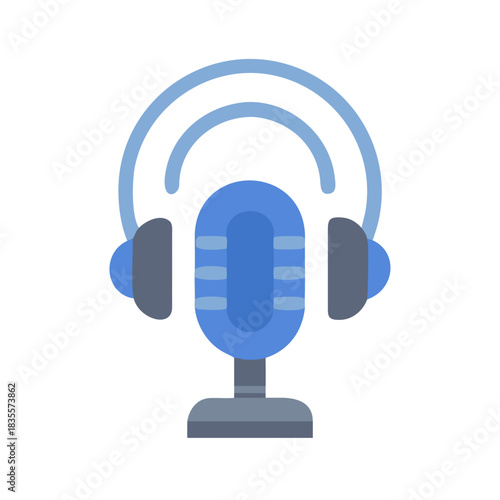 Blue microphone with headphones on black background in simple flat design