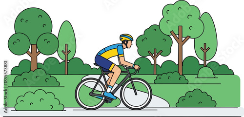 Cyclist in full motion riding a bicycle through a lush green park with tall trees and dense bushy foliage on a sunny day isolated on white background