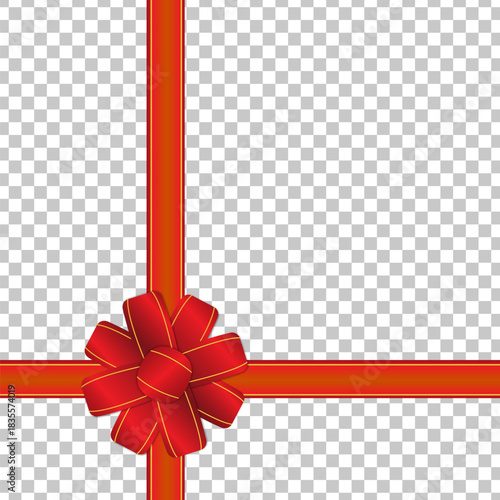 A festive red gift ribbon and bow with gold trim on a transparent background.