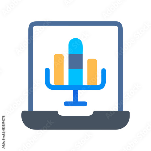Podcast recording icon inside a laptop screen in flat, simple style