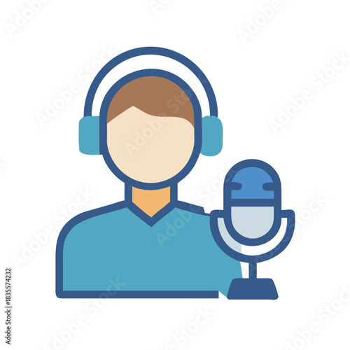 Podcast host or radio broadcaster icon in flat design style with microphone