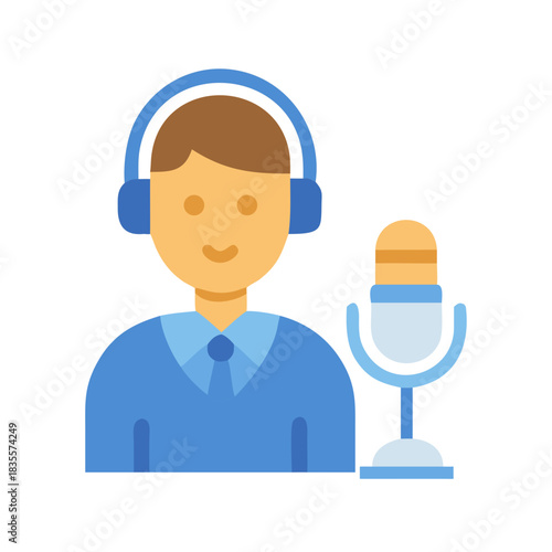 Illustration of a podcaster with headset and microphone on a black background