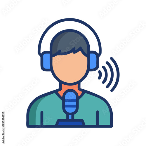 Podcast host or radio presenter broadcasting with microphone and headphones icon