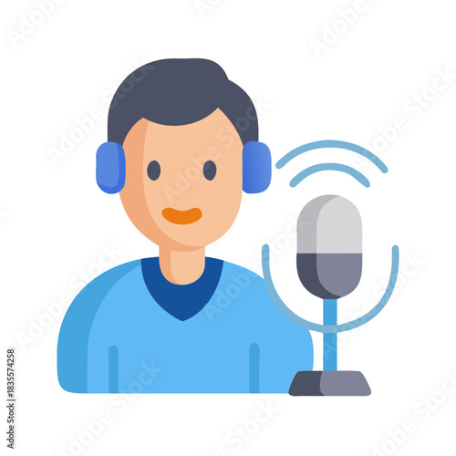 Podcast recording setup with a person and microphone icon on black background