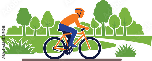 Active person cycling through a lush green park with trees and winding path enjoying outdoor recreation and healthy lifestyle isolated on white background
