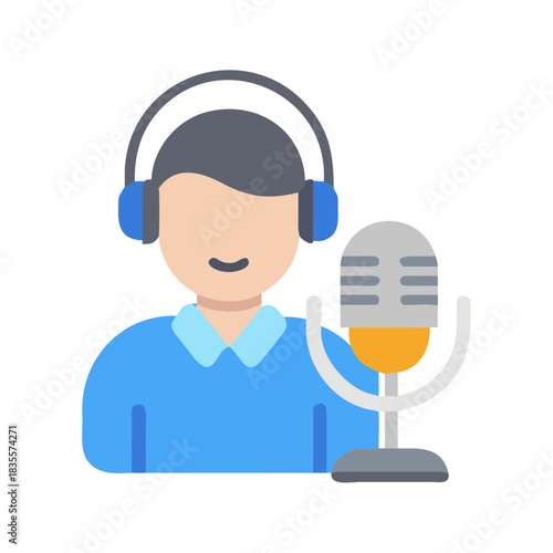 Podcast host icon with headphones and microphone on a black background