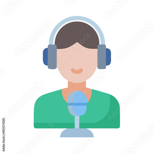 Podcast host character graphic illustration of person speaking into microphone with headphones
