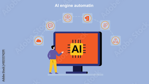 AI engine automating email, content creation, chat responses, and cloud workflows on a digital workspace, enabling office employees to boost productivity using smart mobile tools