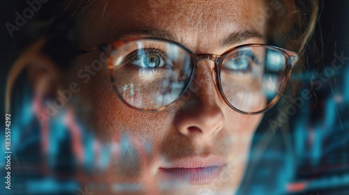 Focused Vision: An insightful professional examines real-time data analysis, with glasses reflecting a dynamic of the information she observes.