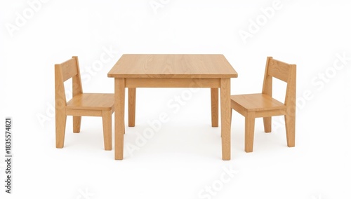 Children room furniture set with wooden table and two chairs, minimalist kids playroom decor, modern natural wood design