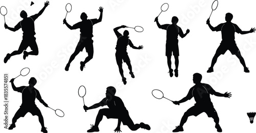 Dynamic Badminton Player Silhouettes Set, Male Athletes in Action Poses of Jumping, Smashing, and Serving the Shuttlecock for Sports Competition and Fitness Vector Design Isolated.