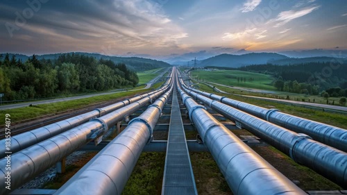 Ultra HD Long pipeline system transporting energy across a vast, green landscape towards a setting sun in the mountains video