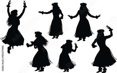 Traditional Hawaiian Hula Dancer Silhouettes, Female Figures in Long Skirts and Flower Garlands Performing Cultural Dance Poses for Travel, Luau, and Tropical Vector Design Isolated.