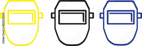 Welding Helmet Icon Set — Line Style Safety Mask Symbols in Yellow, Black and Blue for Industrial Protection, Construction Work, Welding Safety Equipment and PPE Graphics