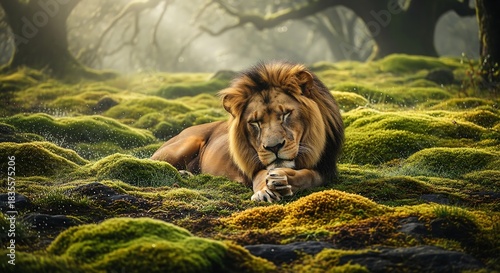 Majestic male lion portrait with flowing mane in the wild grass, a powerful feline carnivore, king of the safari, big cat predator