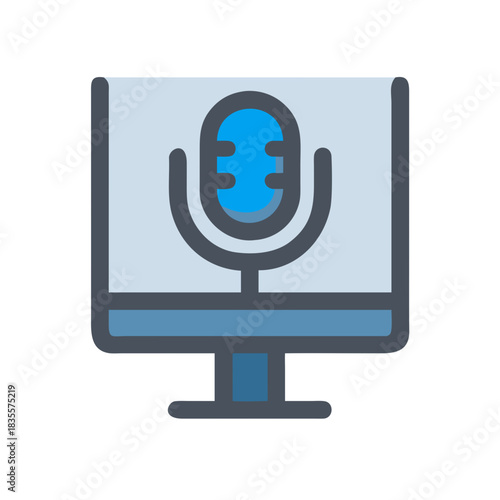Computer screen displaying a microphone icon for podcasting and recording applications