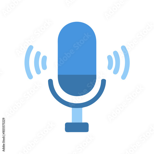 Blue microphone icon with sound waves on a black background illustration