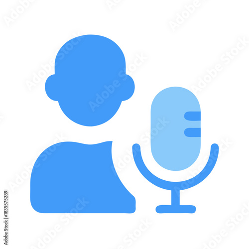 Blue icon of person with microphone on black background, talking or recording