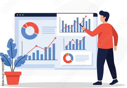 Business analyst presenting financial data charts and graphs on digital screen for strategic decision making and market analysis isolated on white background