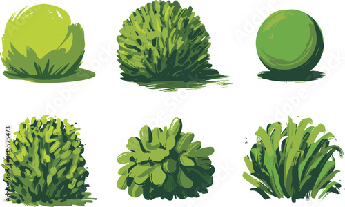 Stylized bush and shrub illustration set featuring diverse leaf shapes and textures for garden, landscape, and botanical design themes.