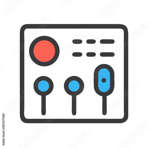 Flat design mixer console graphic in red, blue, and gray on black