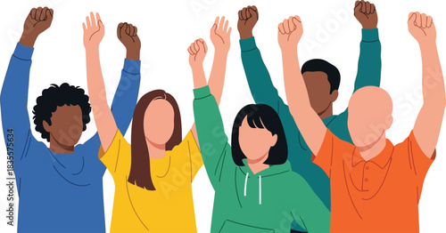 Diverse group of people with raised arms celebrating success showing unity and teamwork in a vibrant display of togetherness and achievement isolated on white background