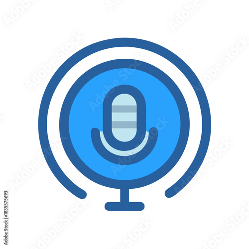 Stylized microphone icon with circular elements against a black background illustration