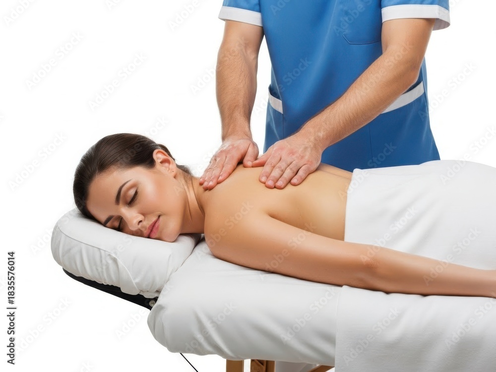 Fototapeta premium Therapist giving a relaxing shoulder massage to a woman isolated on white background