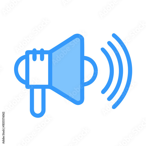 Blue megaphone emitting sound waves on a black background indicating communication