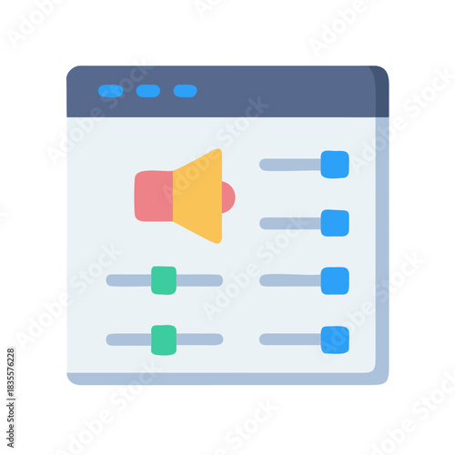 Digital marketing tool interface with volume control and settings sliders in flat design