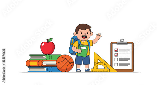 Cheerful cartoon schoolboy with a blue backpack waves hello, standing beside school supplies like books, an apple, and a basketball.