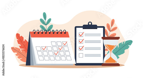 Effective time management and planning concept with a calendar, a checklist for tasks, and an hourglass for deadlines.