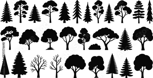 Stylized tree silhouette set featuring coniferous, deciduous, and leafless forms for botanical, seasonal, and design-themed illustrations.