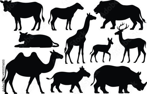 Silhouette collection of diverse animals standing and resting