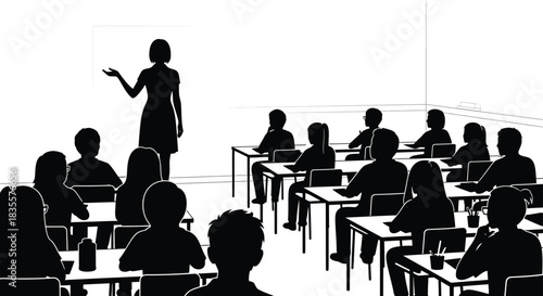 Silhouette of teacher giving a lesson to students in a classroom setting with desks and chairs creating a dynamic learning environment. isolated on white background
