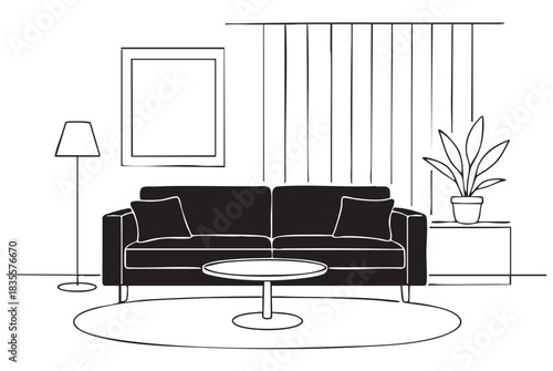 line sketch living room interior with loft black panel and black sofa