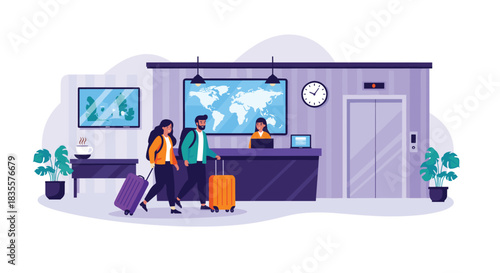 Traveling couple with luggage approaching the hotel reception desk to check in, with a world map displayed in the modern lobby.