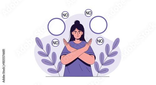 Serious woman with arms crossed in a stop gesture, surrounded by 'NO' symbols, expressing rejection, denial, or disagreement.