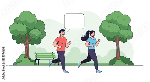 Happy man and woman jogging together in a green city park with a bench and trees, promoting a healthy and active lifestyle.