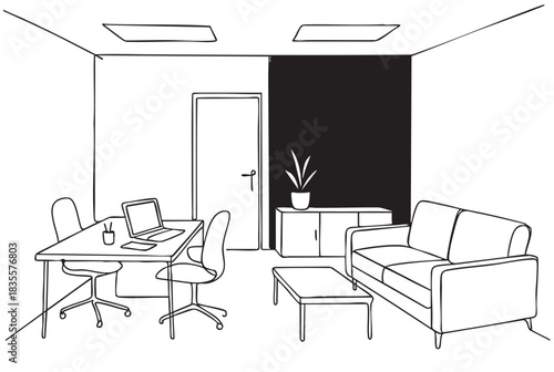 line sketch living room interior with black panel and black sofa