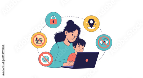 Mother teaching her child about internet safety using a laptop, surrounded by icons for parental controls and online security.