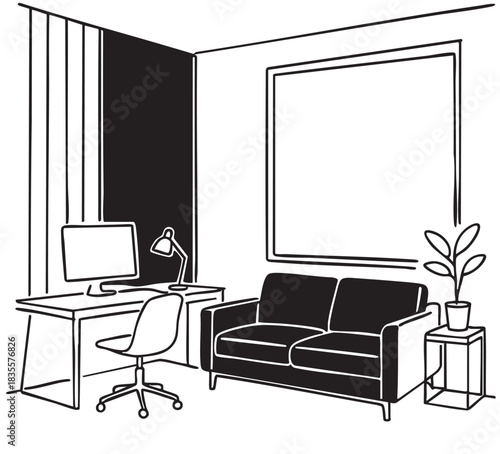 line sketch living room interior with black panel and black sofa