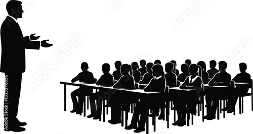 Teacher instructing students silhouette in classroom setting demonstrating learning and education isolated on white background